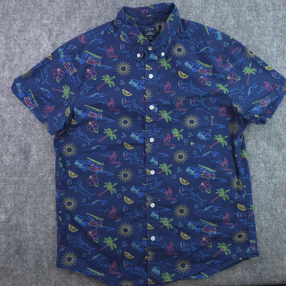 J Crew Flex Washed Shirt Medium Slim Fit Blue Shark Print Geometric Short Sleeve